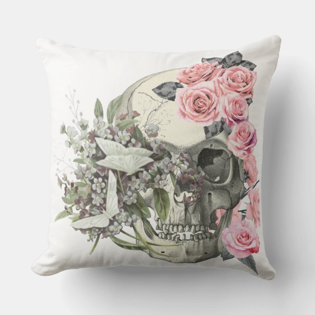 Pink Roses Skull Throw Pillow (Front)