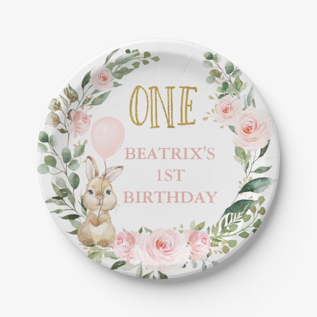 Pink Roses Some Bunny Turning One 1st Birthday Paper Plates (Front)