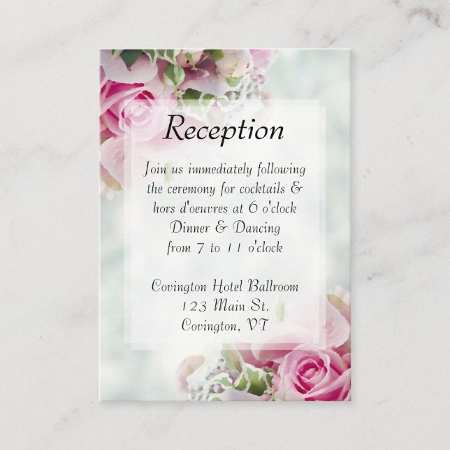 Pink Roses Spring Floral Elegant Wedding Reception Enclosure Card (Front)