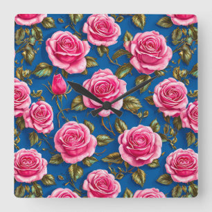 Pink roses square wall clock