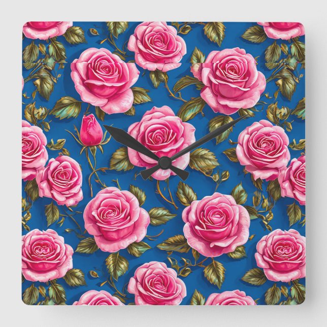 Pink roses square wall clock (Front)