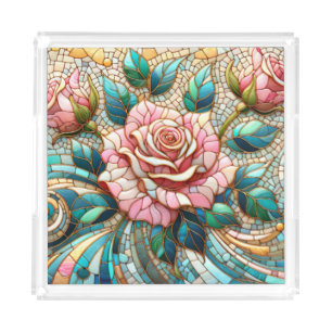 Pink Roses Stained Glass Mosaic Acrylic Tray