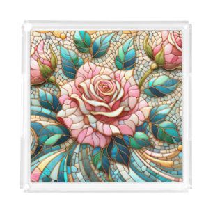 Pink Roses Stained Glass Mosaic Acrylic Tray