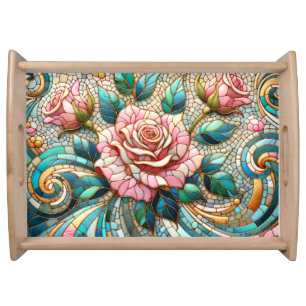 Pink Roses Stained Glass Mosaic Serving Tray