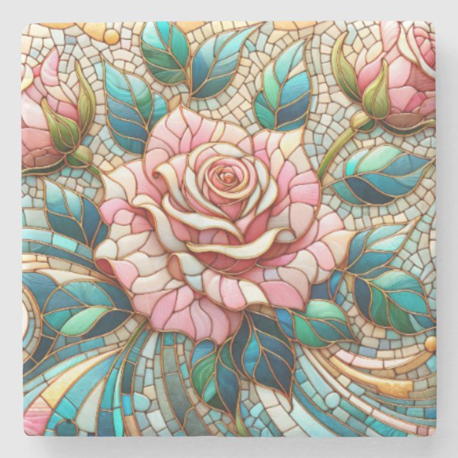 Pink Roses Stained Glass Mosaic Stone Coaster (Front)