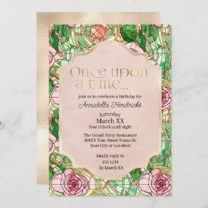 Pink Roses Stained Glass Sleeping Beauty Fairytale Invitation