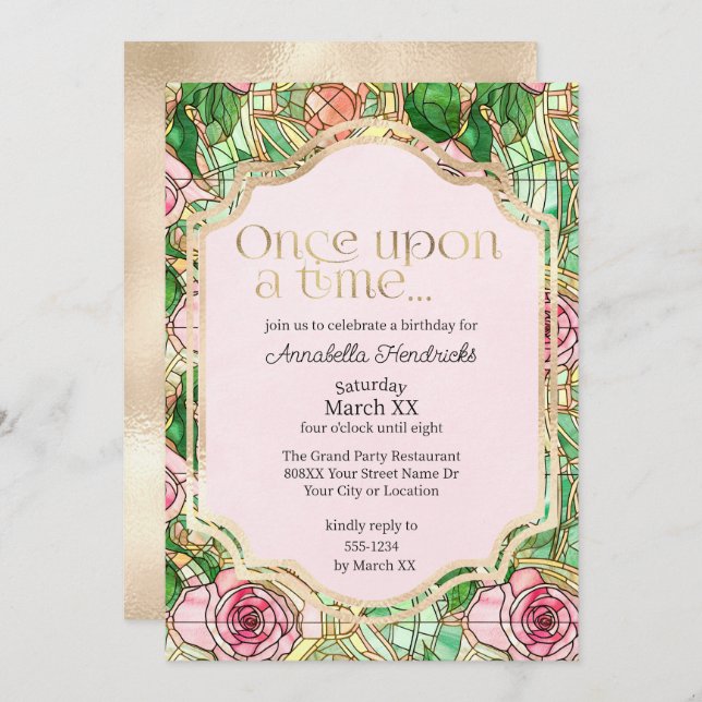 Pink Roses Stained Glass Sleeping Beauty Fairytale Invitation (Front/Back)