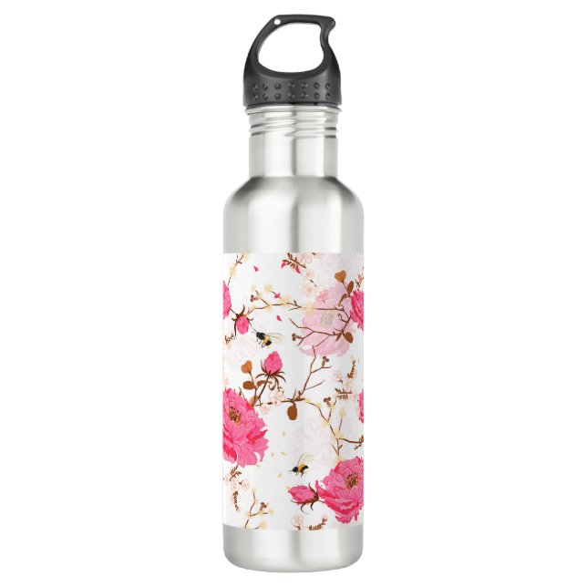 Pink roses stainless steel water bottle (Front)