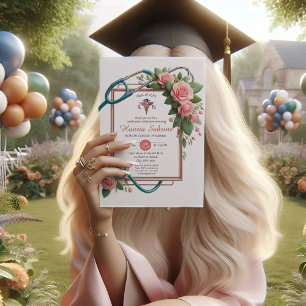 Pink Roses Stethoscope Nurse Graduation invitation