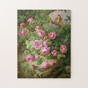 Pink Roses Still Life Butterflies Bird Victorian Jigsaw Puzzle