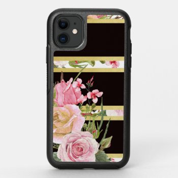 Pink Roses Stripe Pattern Otterbox Symmetry Iphone 11 Case by MegaCase at Zazzle