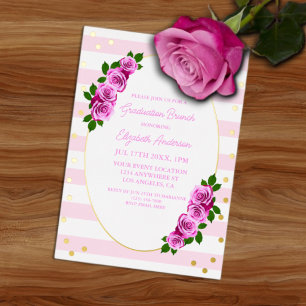 Pink Roses Striped Graduation Brunch Foil Invitation