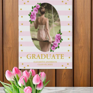 Pink Roses Striped Graduation Faux Canvas Print