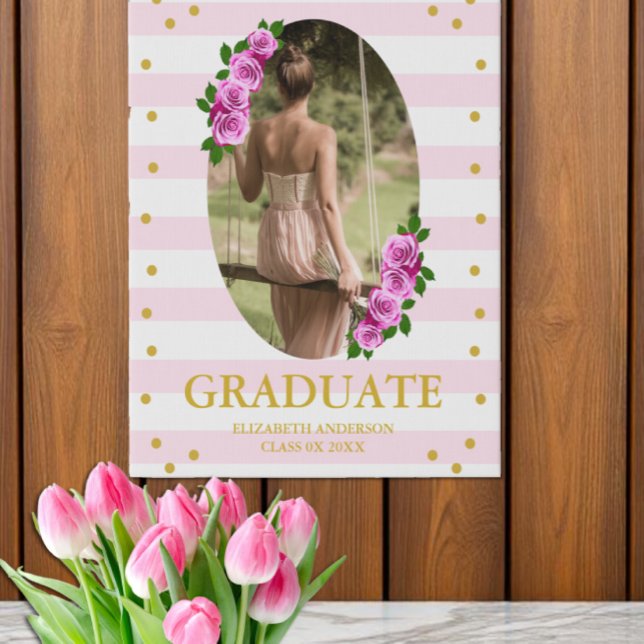 Pink Roses Striped Graduation Faux Canvas Print (Creator Uploaded)