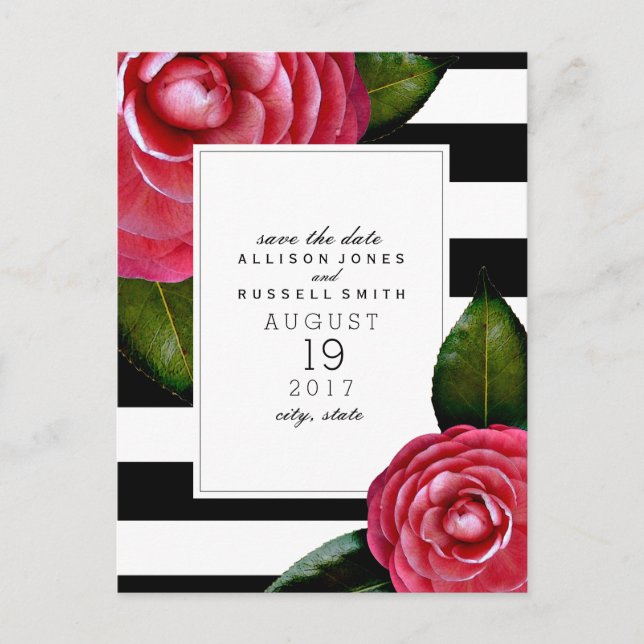 Pink Roses Striped Wedding Save The Date Announcement Postcard (Front)