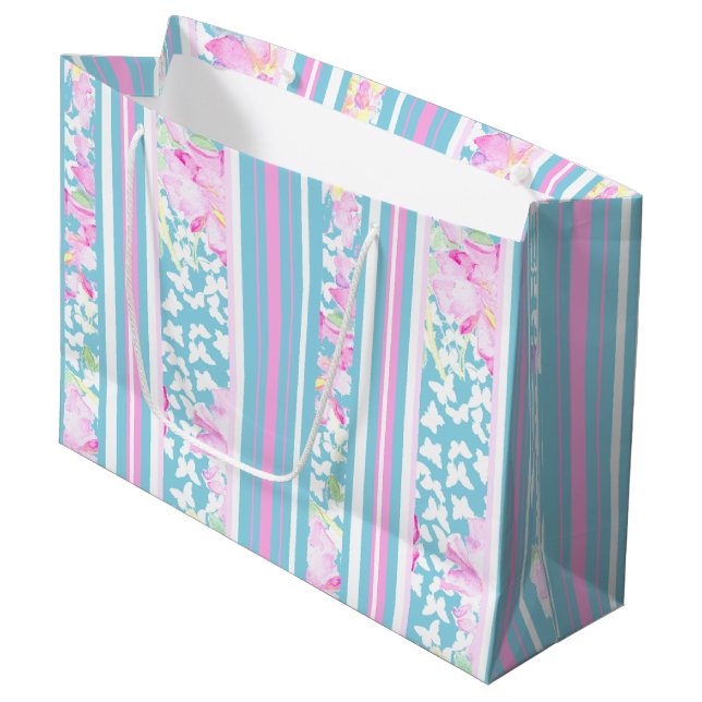 Pink Roses Stripes Faux Patchwork Large Gift Bag (Front Angled)