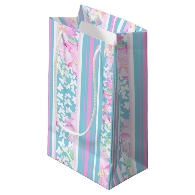 Pink Roses Stripes Faux Patchwork Small Gift Bag (Front Angled)
