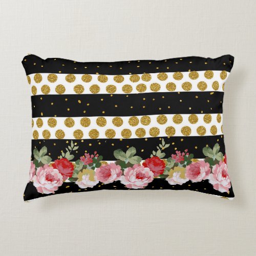 Pink roses stripes gold faux glitter polka dots decorative pillow