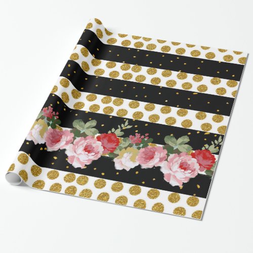 Pink roses stripes gold faux glitter polka dots wrapping paper