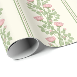 Pink Roses & Stripes on Cream Wrapping Paper