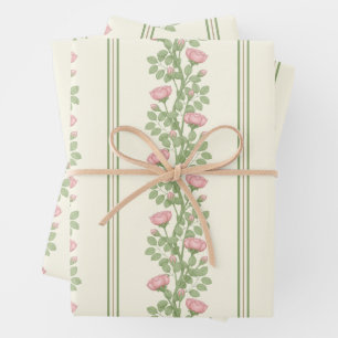 Pink Roses & Stripes on Cream Wrapping Paper Sheets