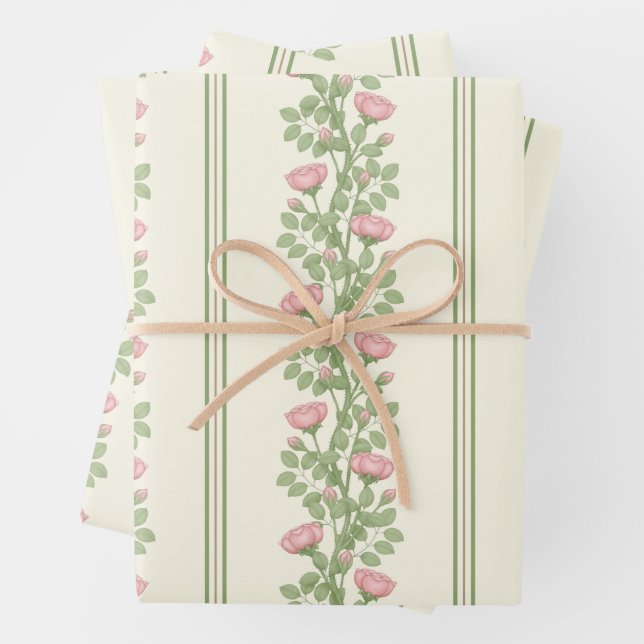 Pink Roses & Stripes on Cream Wrapping Paper Sheets (In situ)