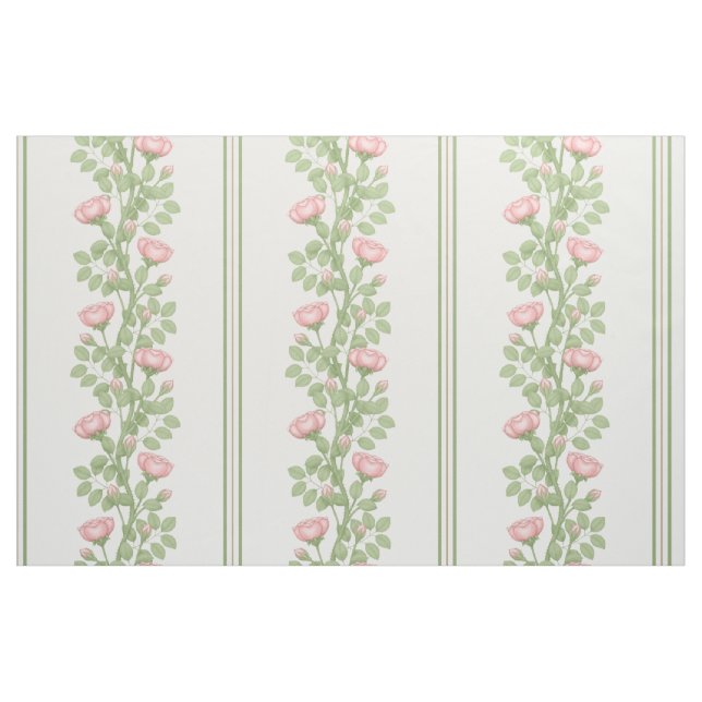 Pink Roses & Stripes on White (large scale) Fabric (Yard)