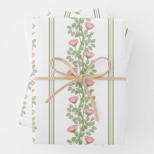 Pink Roses & Stripes on White Wrapping Paper Sheets