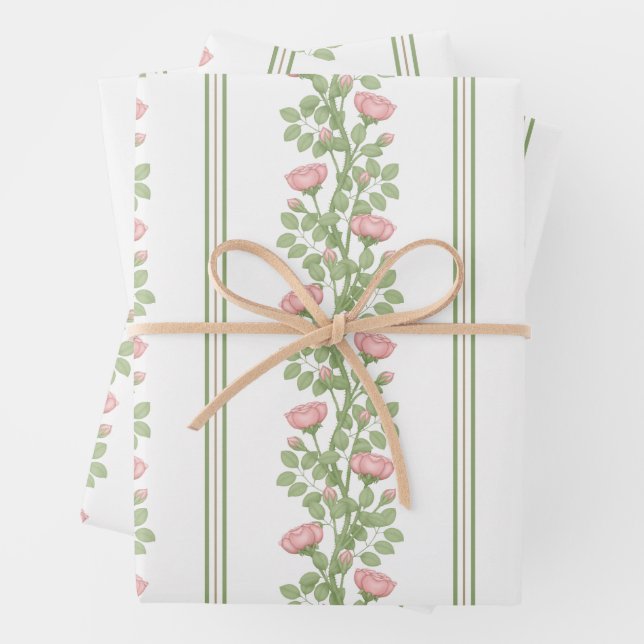 Pink Roses & Stripes on White Wrapping Paper Sheets (In situ)