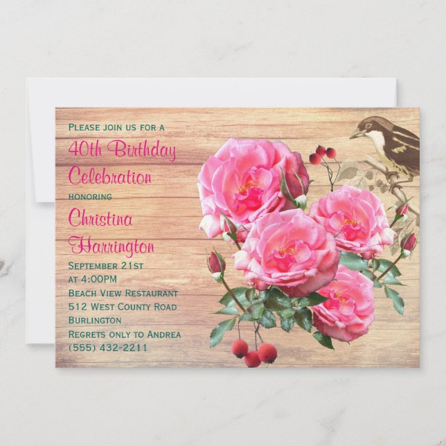 Pink Roses Summer Birthday Party Invitation (Front)