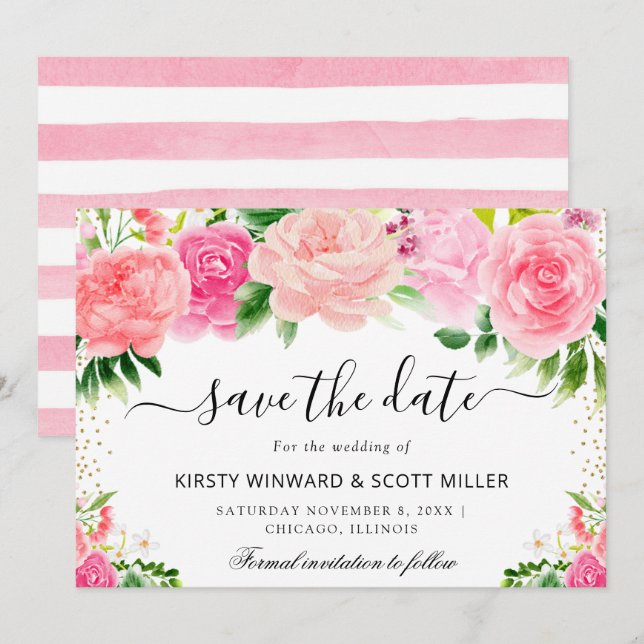 Pink Roses Summer Flowers Wedding Save The Date (Front/Back)