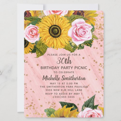 Pink Roses Sunflowers Gold Glitter 30th Birthday Invitation