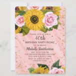 Pink Roses Sunflowers Gold Glitter 40th Birthday Invitation<br><div class="desc">Elegant and stylish yellow sunflowers and pink roses with gold glitter and sparkling string lights on a rustic boho-style pink wood 40th birthday party picnic invitation for women. This card is completely customizable for any age or any occasion. Contact me for assistance with your customizations or to request additional matching...</div>