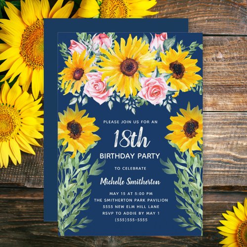 Pink Roses Sunflowers Navy Blue 18th Birthday Invitation