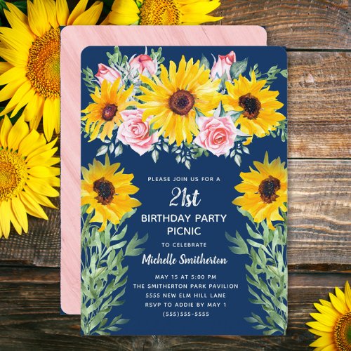 Pink Roses Sunflowers Navy Blue 21st Birthday  Invitation