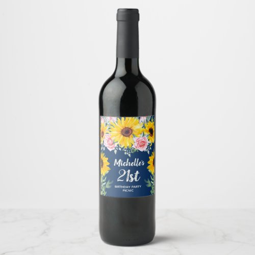 Pink Roses Sunflowers Navy Blue 21st Birthday    Wine Label