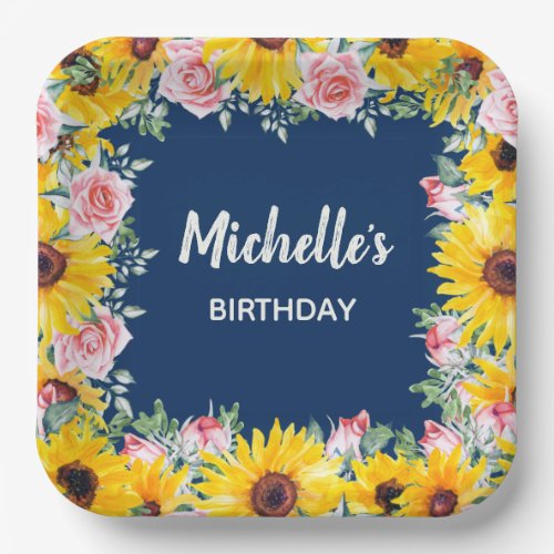 Pink Roses Sunflowers Navy Blue Birthday Paper Plates