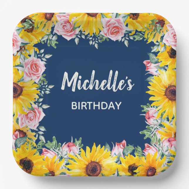 Pink Roses Sunflowers Navy Blue Birthday Paper Plates (Front)