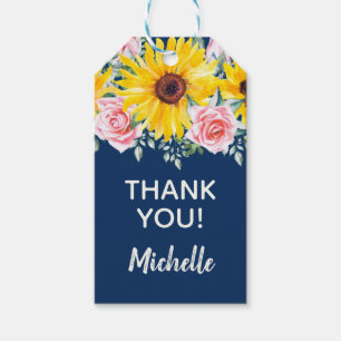 Pink Roses Sunflowers Navy Blue Birthday Thank You Gift Tags