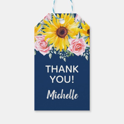 Pink Roses Sunflowers Navy Blue Birthday Thank You Gift Tags