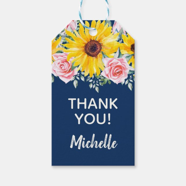 Pink Roses Sunflowers Navy Blue Birthday Thank You Gift Tags (Front)
