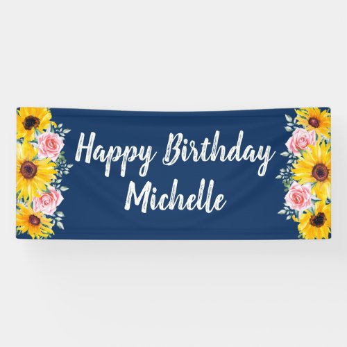 Pink Roses Sunflowers Navy Blue Happy Birthday Banner