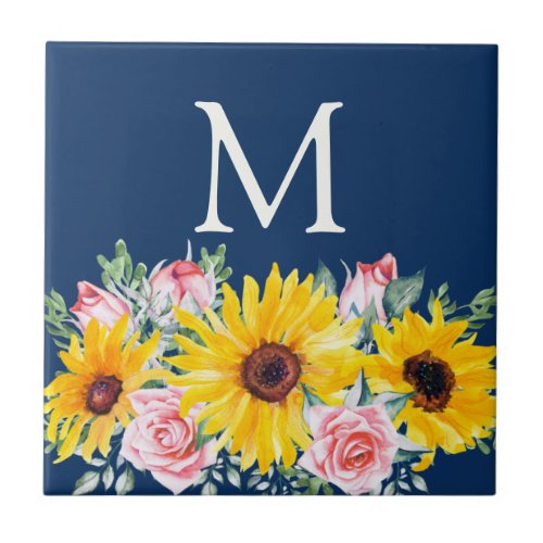 Pink Roses Sunflowers Navy Blue Monogrammed Ceramic Tile