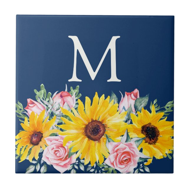 Pink Roses Sunflowers Navy Blue Monogrammed Ceramic Tile (Front)