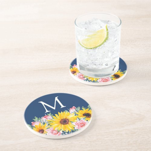 Pink Roses Sunflowers Navy Blue Monogrammed  Coaster