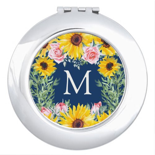 Pink Roses Sunflowers Navy Blue Monogrammed Compact Mirror