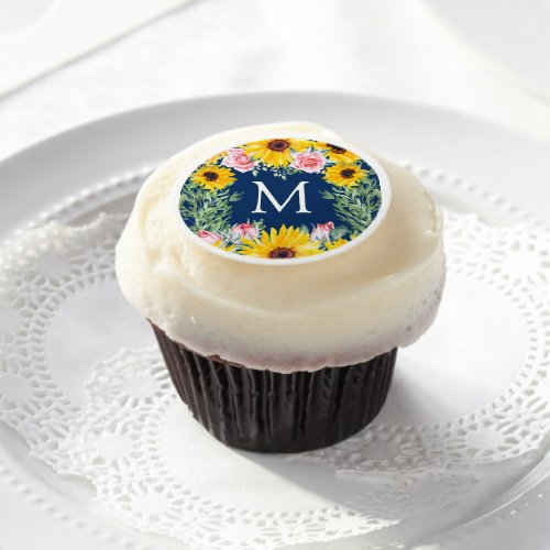 Pink Roses Sunflowers Navy Blue Monogrammed  Edible Frosting Rounds