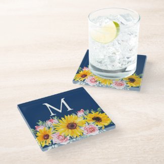 Pink Roses Sunflowers Navy Blue Monogrammed  Glass Coaster