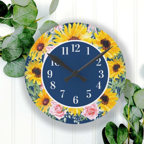 Pink Roses Sunflowers Navy Blue Monogrammed  Round Clock