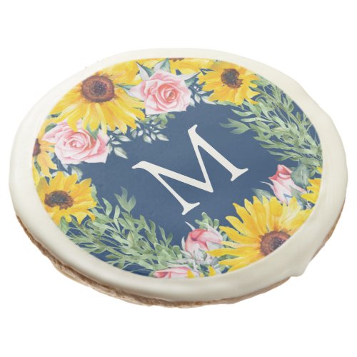 Pink Roses Sunflowers Navy Blue Monogrammed  Sugar Cookie